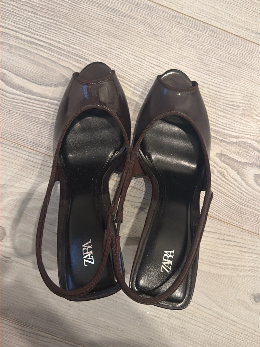 Zara Brown Patent Peep-Toe Slingback Heels